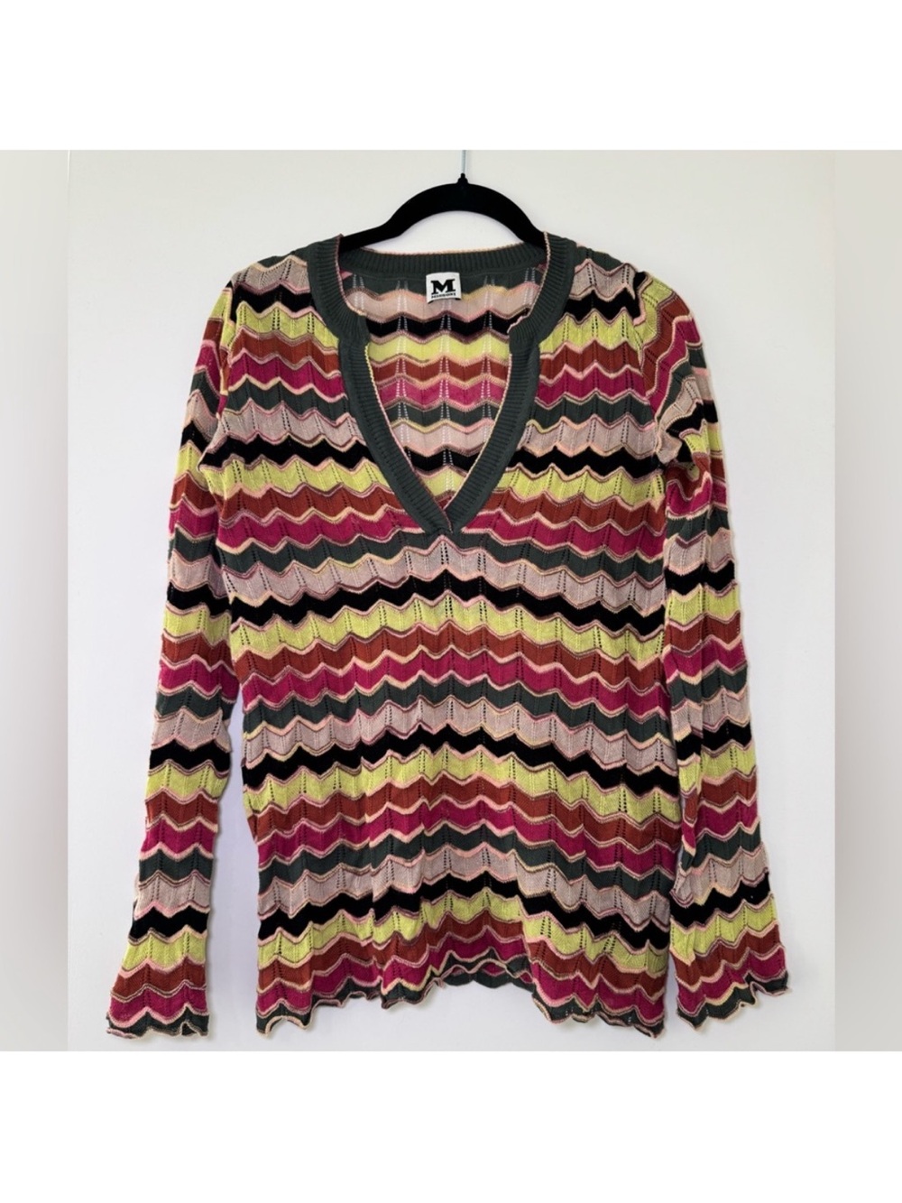 M by Missoni Multicolor V-Neck Zigzag Knit Sweater - Pink, Yellow, Black, Green